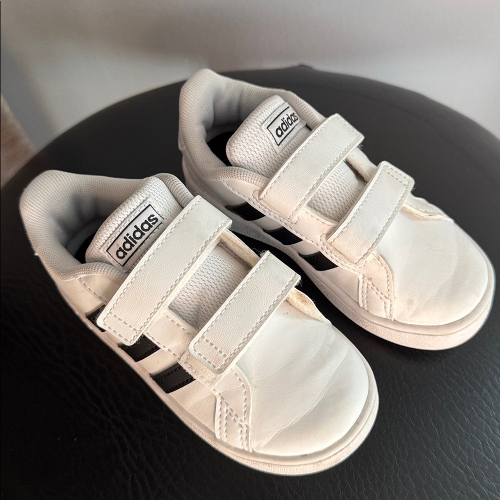 Adidas Kids White Sneakers with Black Stripes Size 8